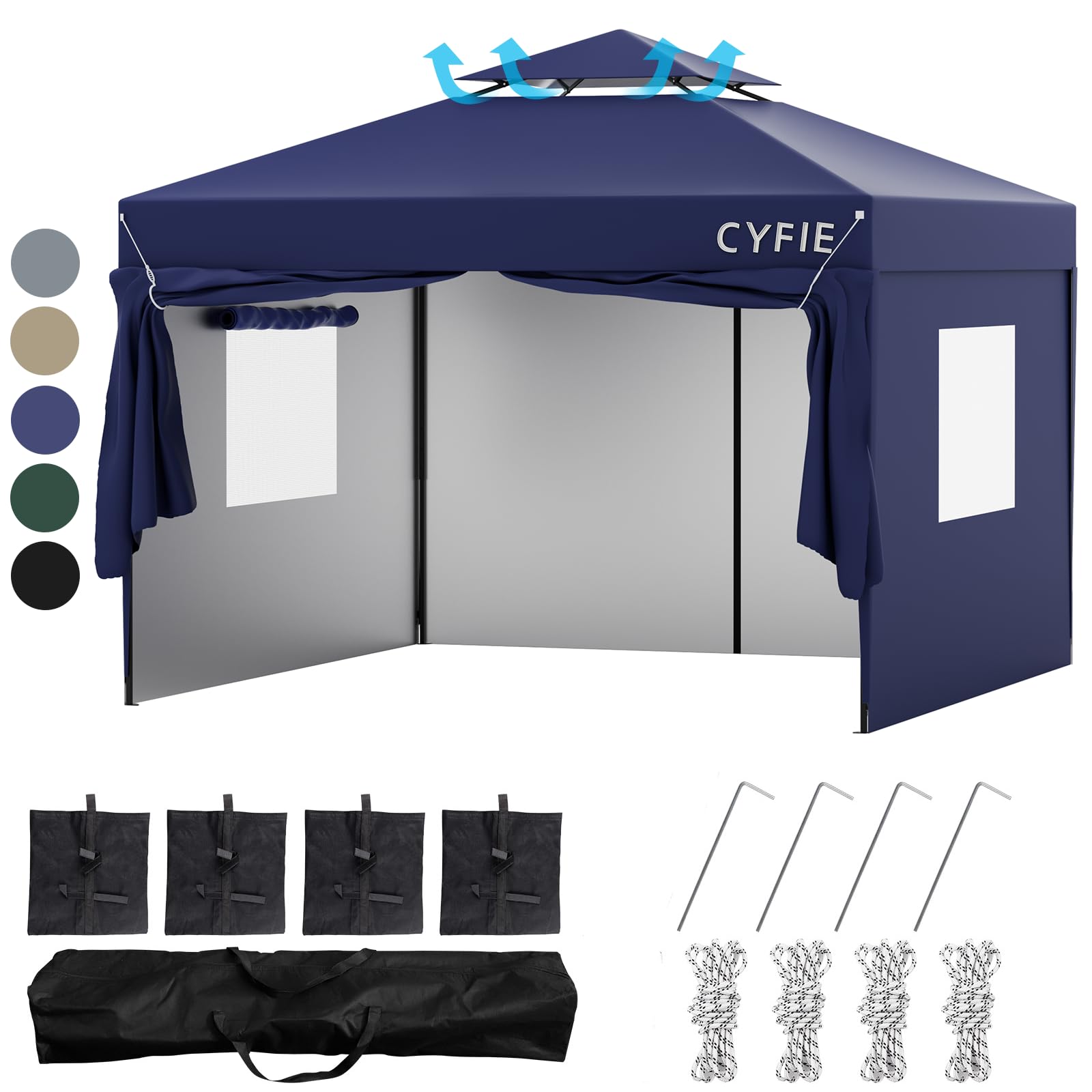 CYFIE タープテント 3m×3m 高さ3段階調節 サイドシート4枚付属 uvカットワンタッチタープテント サンシェード 高耐水加工 日よけ 組立簡単 持ち運び便利 キャンプ/ピクニック/運動会/アウトドア/集会用 収納ケース付き (ブルー)