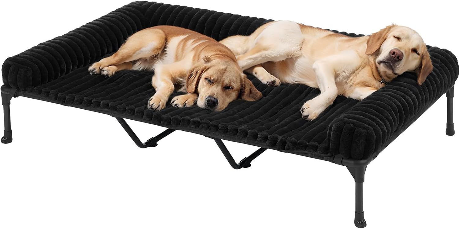 Veehoo Cooling Elevated Dog Bed Add Removable Fluffy Plush Pillow Cushion, 59" x 37" Washable Dog Couch Bed, Raised Pet Cot with Breathable Teslin Mesh, No-Slip Feet, Black, CWC2439C