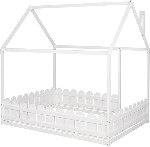 Miniatura 6 de Harper & Bright Designs Cama de casa para niños, cama de tamaño matrimonial con techo y valla, marco de cama de madera para niños, adolescentes,