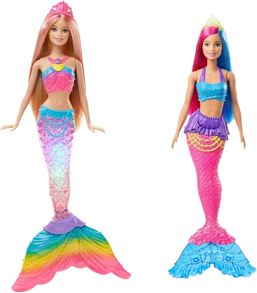 Barbie Dreamtopia, muñeca Sirena Luces de Arcoíris, Regalo para niñas y niños 3-9 años (Mattel DHC40) + Dreamtopia Muñeca Sirena, Pelo Rosa y Azul (Mattel GJK08)