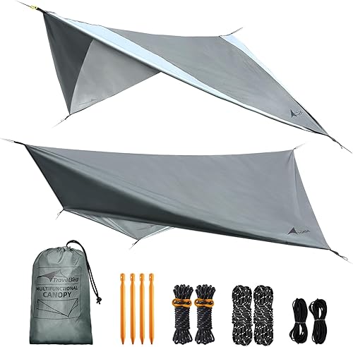 Hamaca con mosca de lluvia, lona impermeable de 11 x 9 pies con puertas, lona ligera y con protección UV, multifuncional para mochileros,