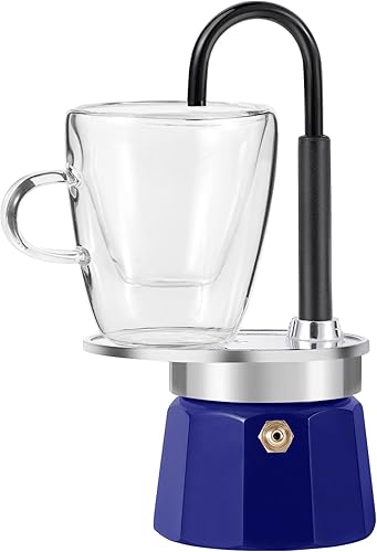 -Mini Express Swiss Single Tube Moka Pot Aluminio Azul, El juego de moka incluye una taza de doble pared de 3 onzas, disfruta de un delicioso café