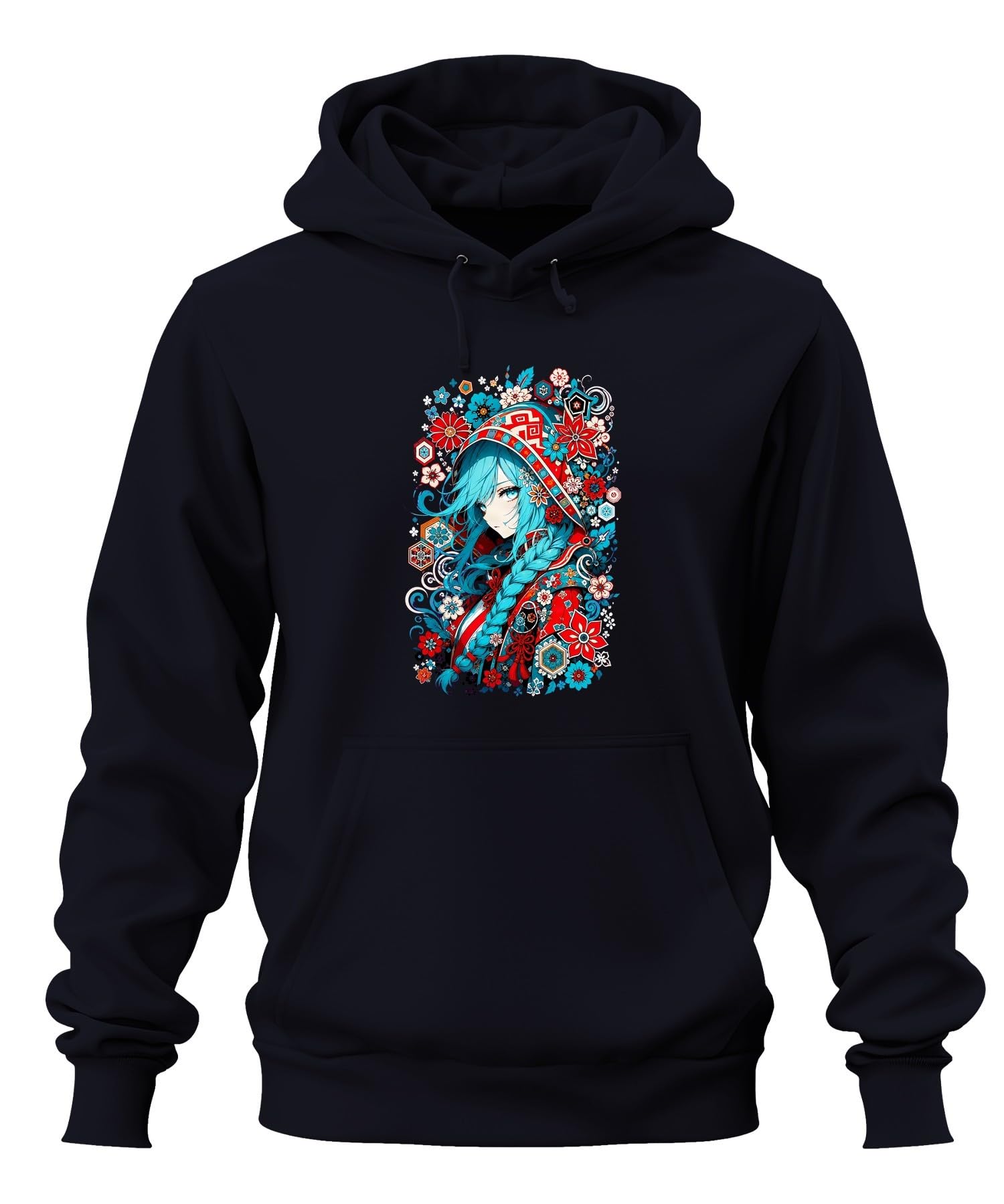 Anime dziewczęca niebieskie włosy Japonia Y2K bluza z kapturem, granatowa, M | Aesthetic warkocz kwiaty tradycyjny Cosplay fantazja prezent dla geek kolorowy portret folkloru