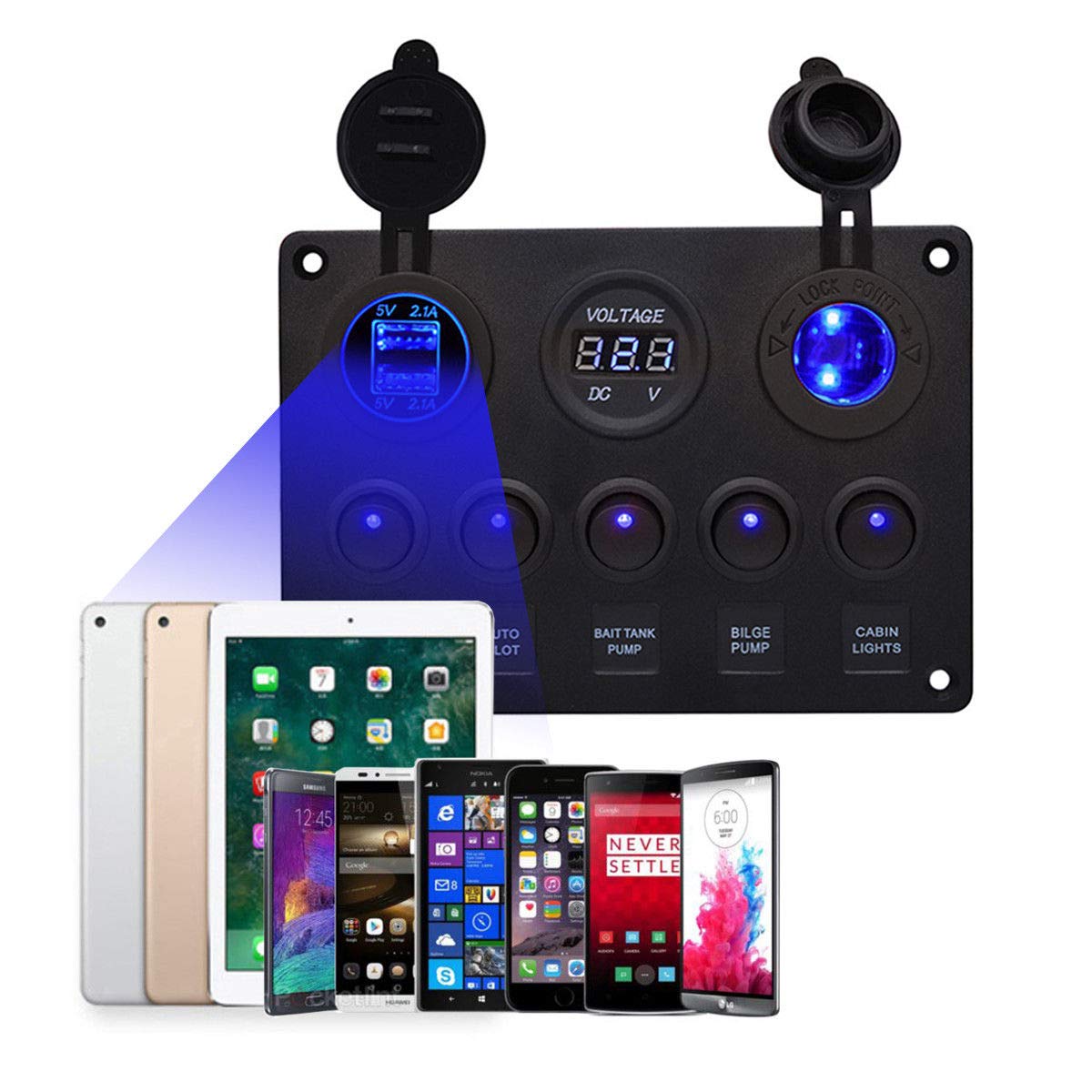 TONYSA Pannello Interruttori A Bilanciere 12-24V A 5 Bande Con Doppio Voltmetro Usb Per Auto Barca Camion Marino Led Verde 77780982