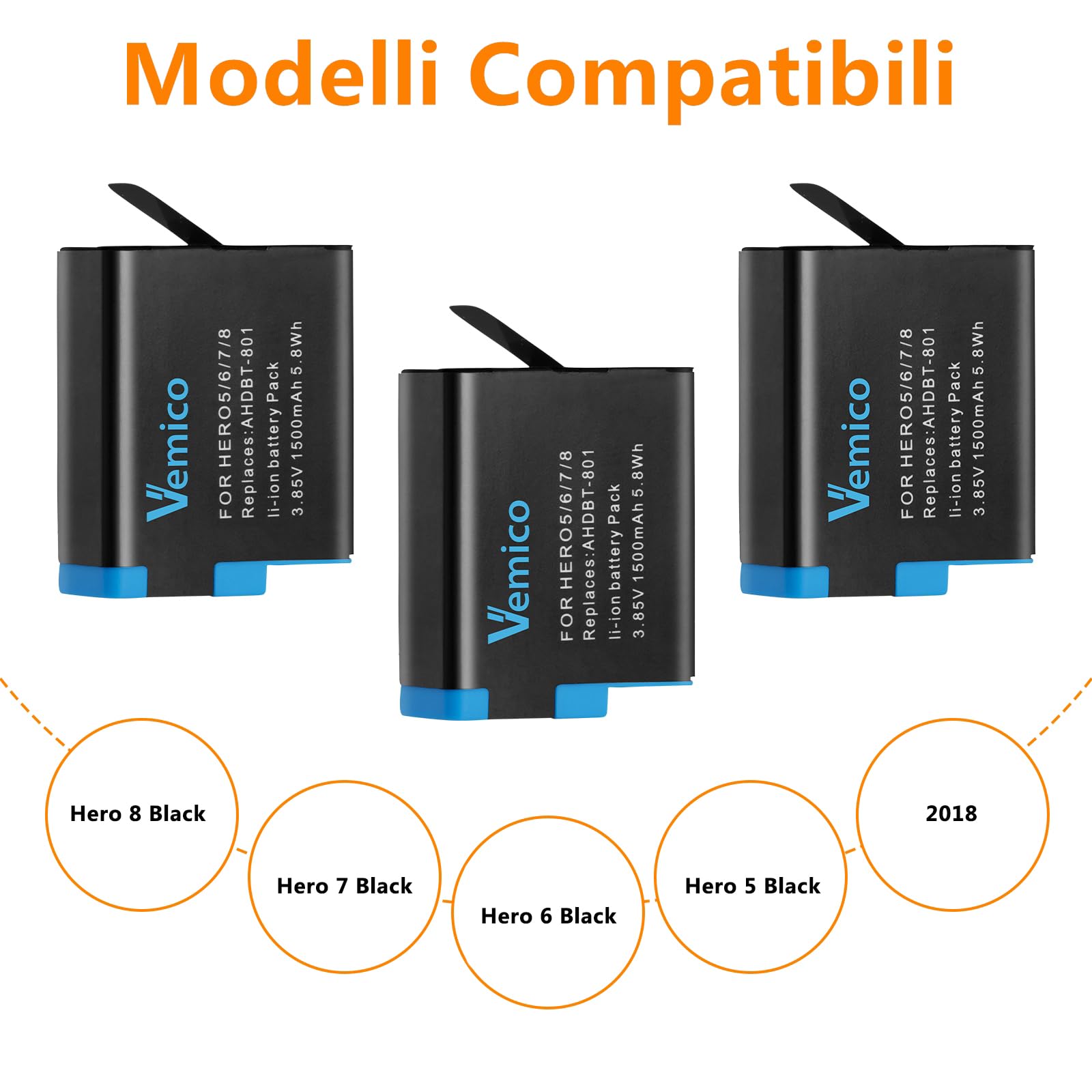 Vemico Hero 8 Batteria Caricabatterie Kit ­3 x 1500mAh Batterie di Ricambio e USB Tipo-C LED a 3 Canali Caricatore per Hero 7 Black/Hero 8 /Hero 6 /Hero 5/AHDBT-801