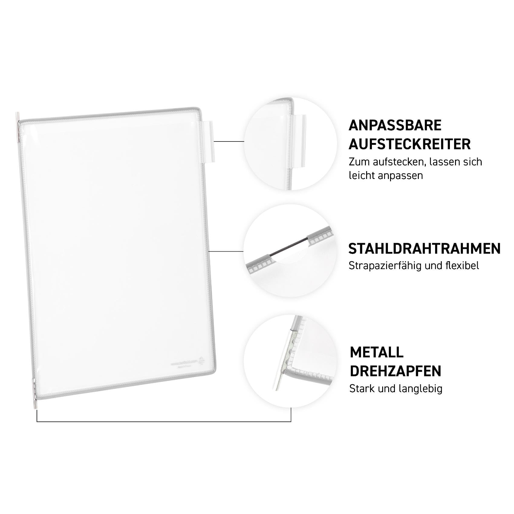 Djois, 414102 - Metall-Wand-Präsentationssystem A4 mit 10 antireflex Sichttafeln, robust für Dokumentenanzeige in Büro, Werkstatt, Lager und Industrie - Weiß