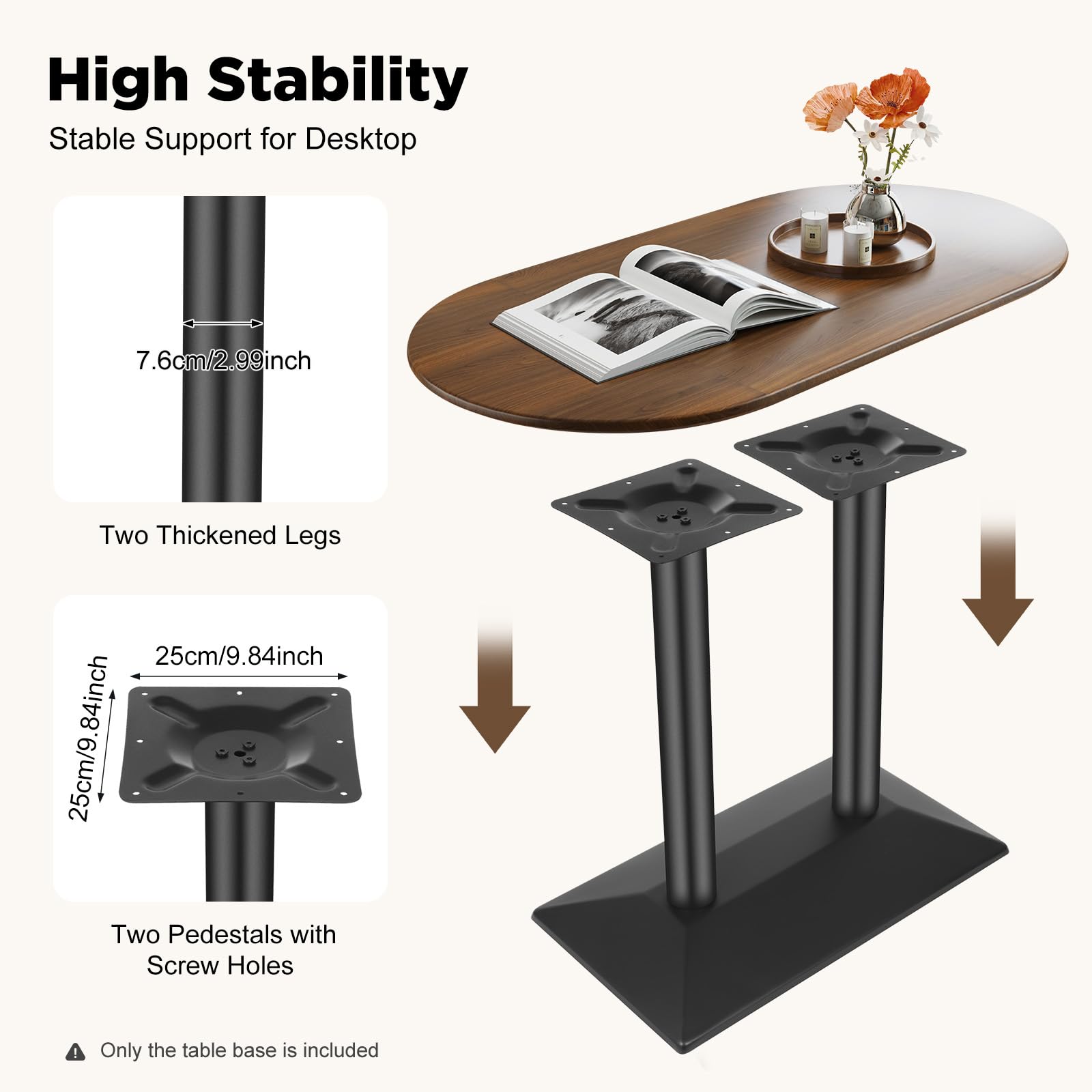 Telaio da tavolo doppio in acciaio da 72 cm – Base da tavolo con 4 viti di livellamento e capacità di carico 800 kg, verniciato a polvere nero (piastra di base 70 x 40 cm) per ristoranti, uffici e