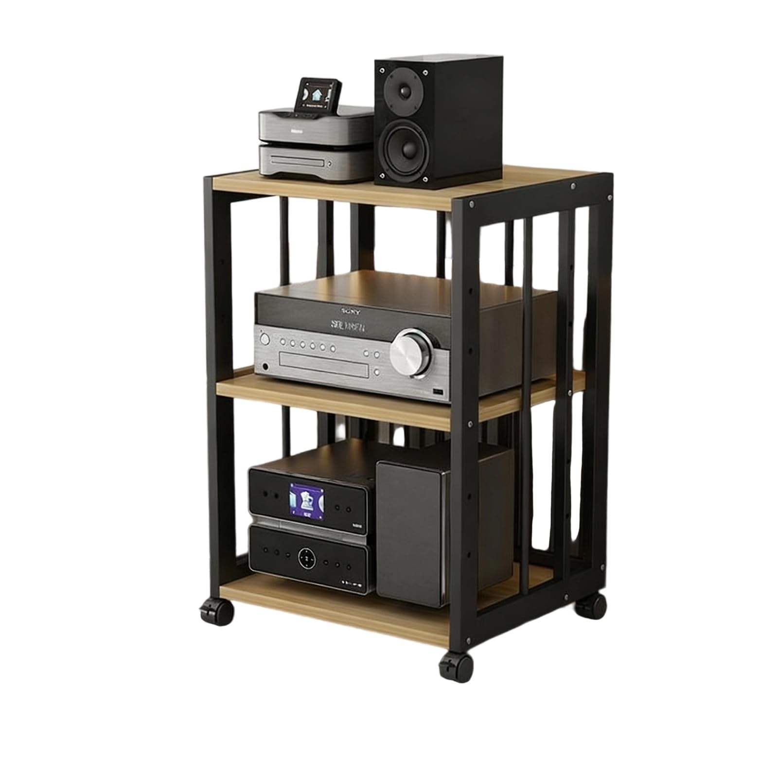 Supporto multimediale AV a 4 livelli con ripiani e ruote regolabili, versatile torre di archiviazione e visualizzazione per TV, console di gioco e apparecchiature audio (50 x 40 x 69 cm)