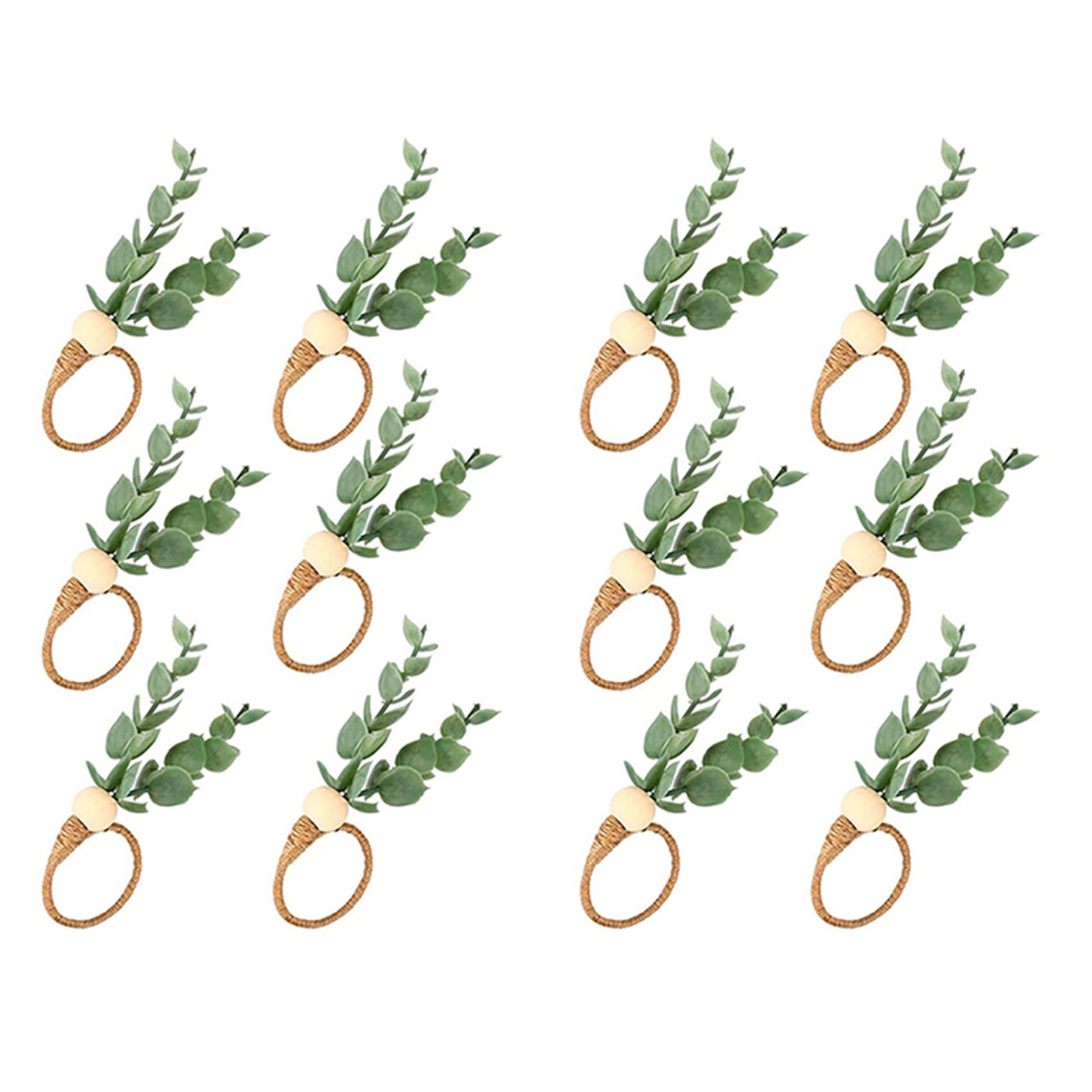 Vjsujehgy 12 Pcs Eucalyptus Napkin Rings Handmade Wooden Beads Home Decor Faux Greenery Napkin Holders for Weddings,Party,Etc