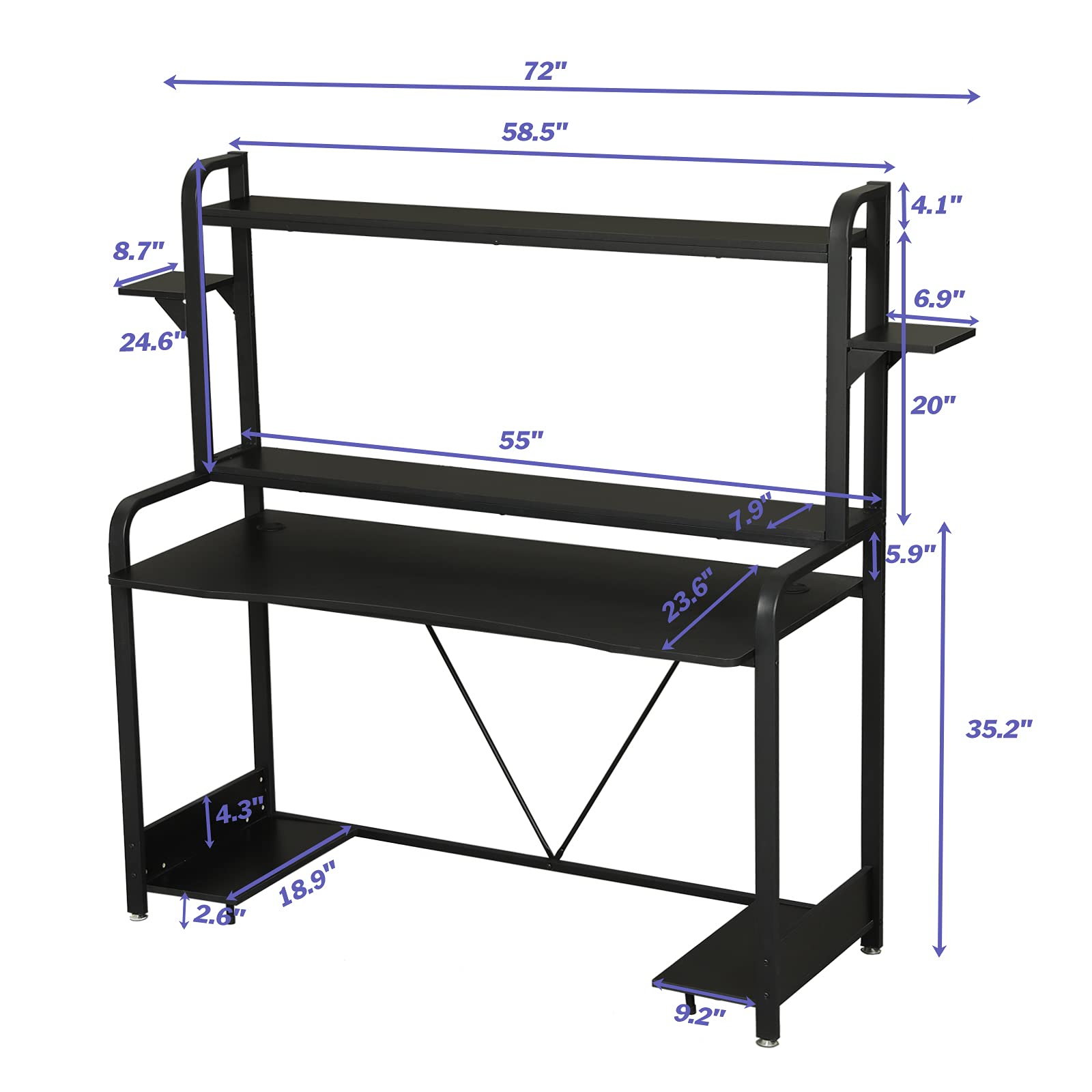 Sedeta Gaming Desk with Shelves and Hutch, 55'' Computer Desk with