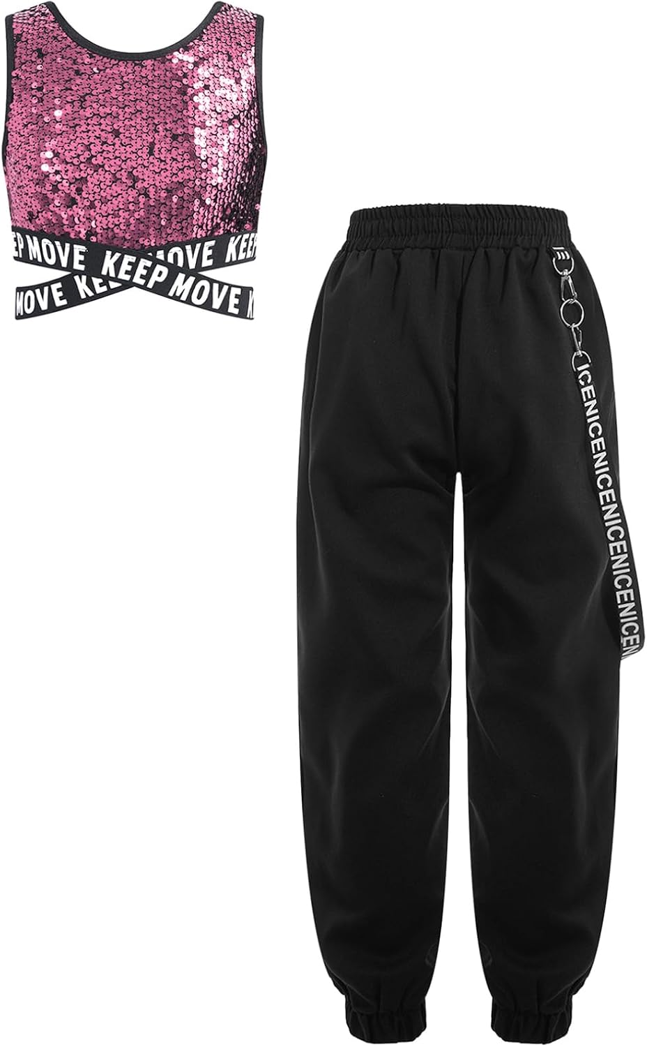 FEESHOW Kids Girls Hip-Hop Dance Outfits 2 Piece Shiny Sequins Crop Tops with Chain Pocket Jogger Pants Tracksuit Set