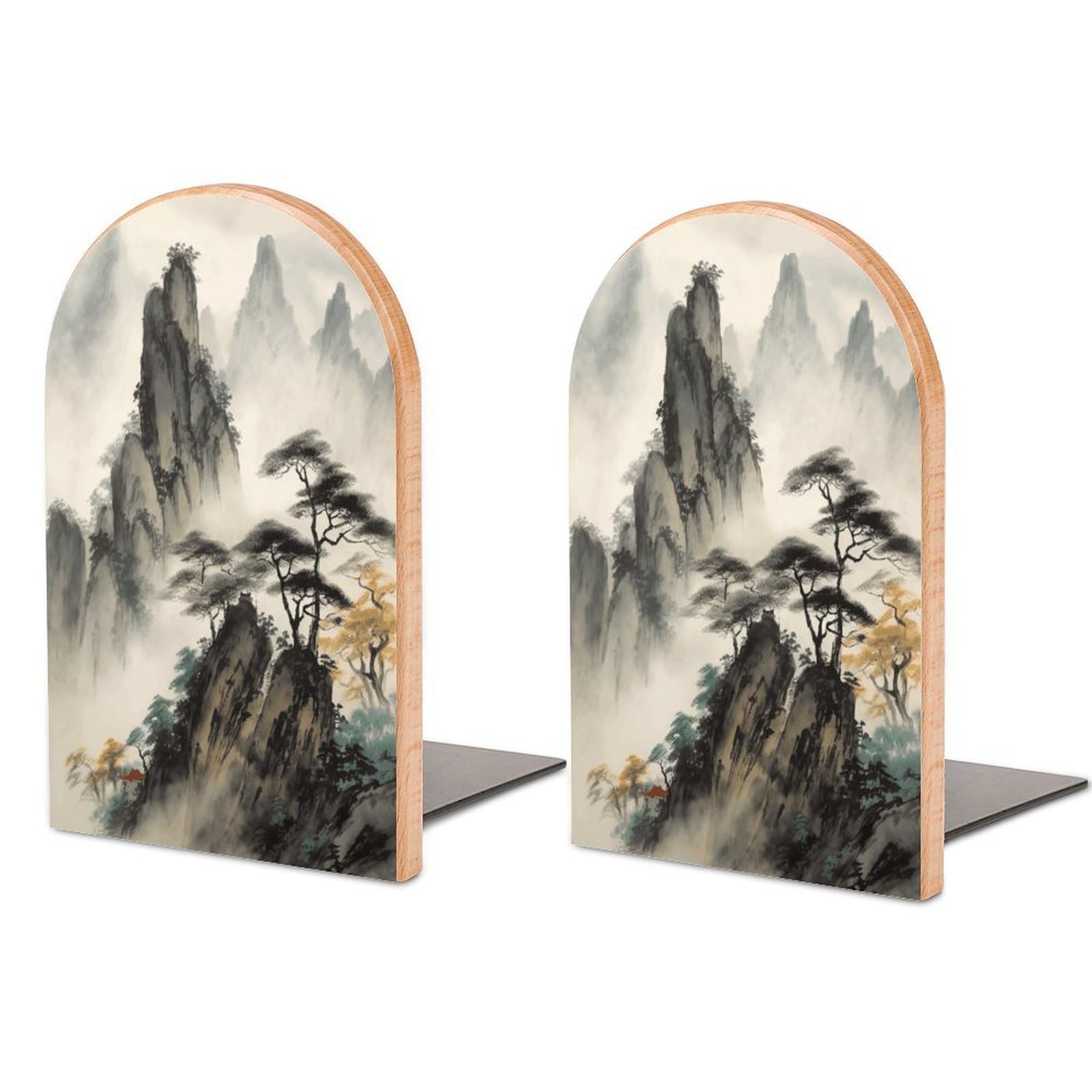 Chinese Landscape Painting Bookends for Shelves Non Skid Book Stoppers Universal Economy Bookend Heavy Duty Wood Book End Decorative Book Shelf Holder for Home Office Desk 1 Pair