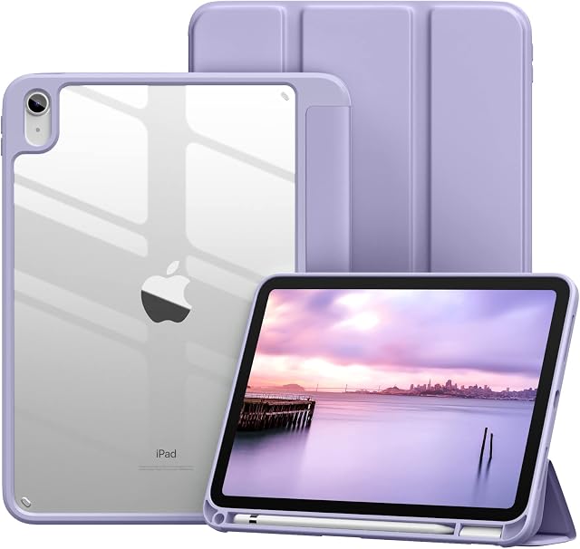 Vobafe for iPad 10th Generation Case 2022 with Apple Pencil Holder, PC Crystal Clear Back Soft TPU Cover Trifold Stand for iPad 10 (10.9 Inch), Auto Wake Up/Sleep, Lavender