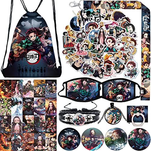 Ensemble cadeau Demon Slayer Merch, porte-clés, autocollant, bracelet, collier, pochette à cordon, lanière, porte-anneau de téléphone, badge, carte postale pour les fans d'anime japonais Cover