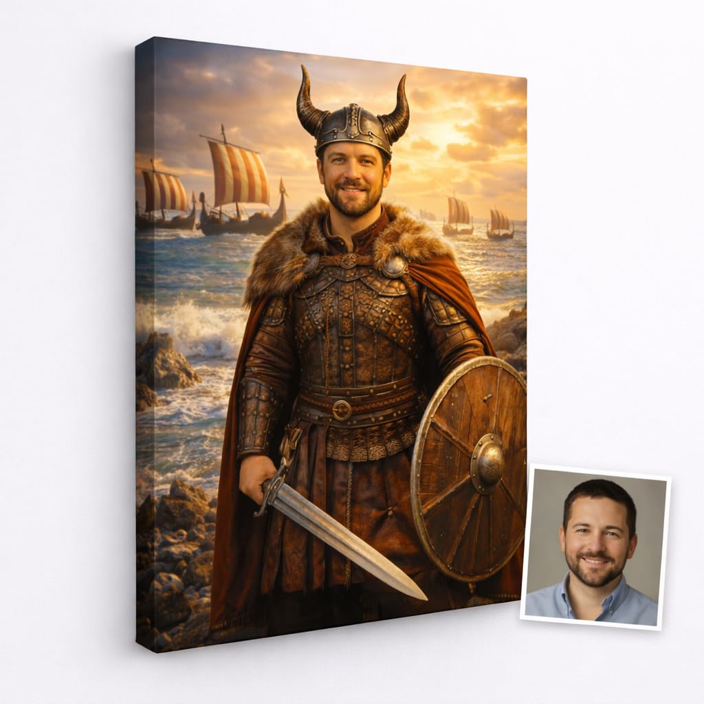 Custom Viking Warrior Portrait on Canvas – Personalised Photo to Viking Norseman Valhalla Artwork – Framed Stretched Canvas Wall Art – Birthday Anniversary Unique Gift