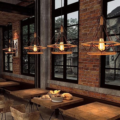 Lampe suspendue à une tête de base E27 en acier et corde pour restaurant