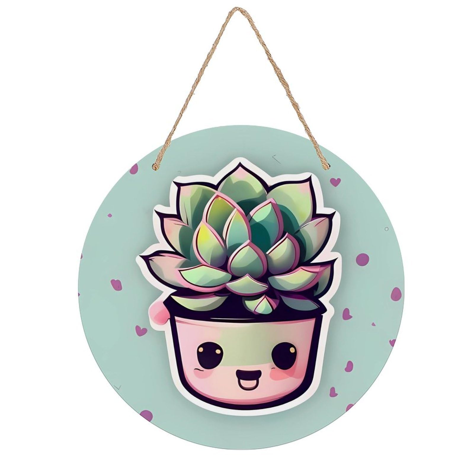 Adfgyerh Style Smiling Succulents Room Decor，Round Wooden Board Painting，Wall Art，Easy To Hang，Wall Decor ，Suitable For Homes, Offices, Holidays, Bars, Cafes, And Other Venues.