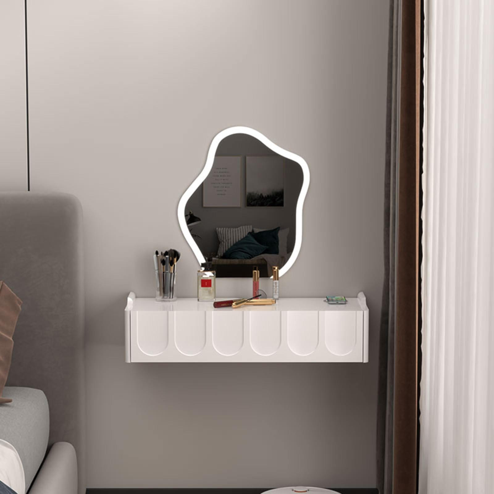 asdchZen Wall-Mounted Floating Vanity Table With Mirror Space-Saving Makeup Desk For Small Corners Stylish White Finish Ideal For Home And Office Use