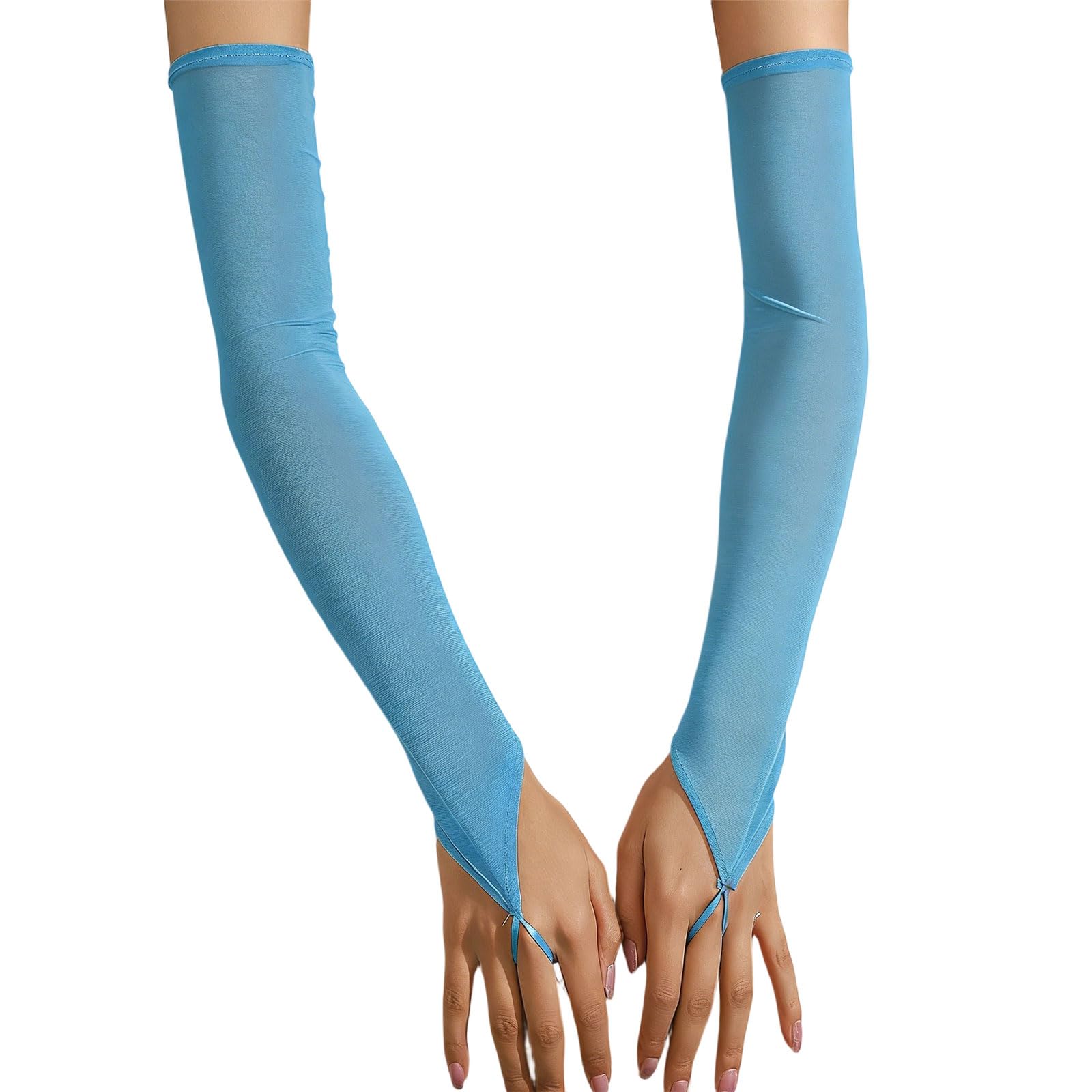 Générique Elegant Tulle Stretch Gloves Full Arm Length Fingerless Sleeve Wedding Party Cosplay Accessory, Blue Lake, One size