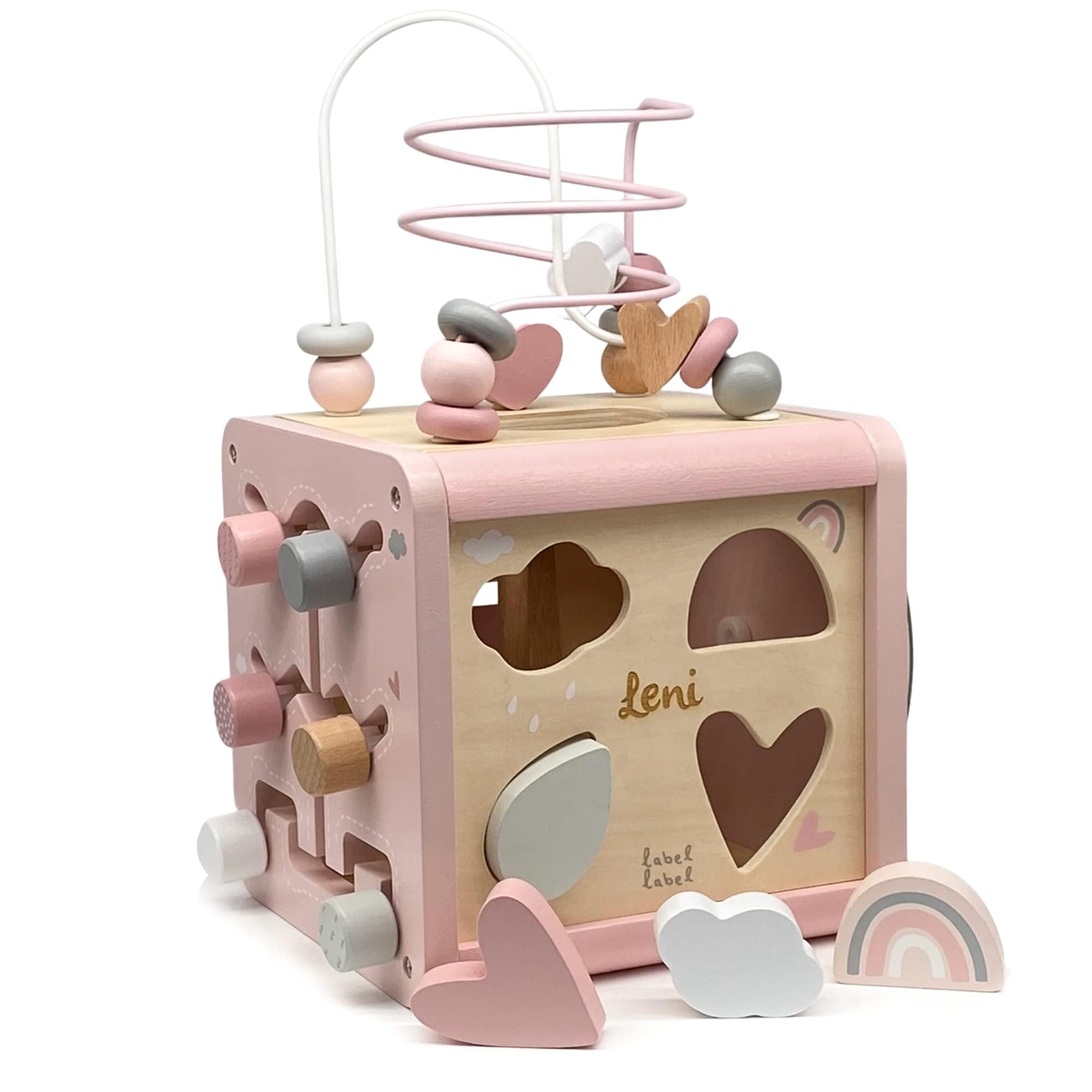 Cube d’activités en Bois Rose Personnalisable pour Enfants dès 12 Mois – Label Label