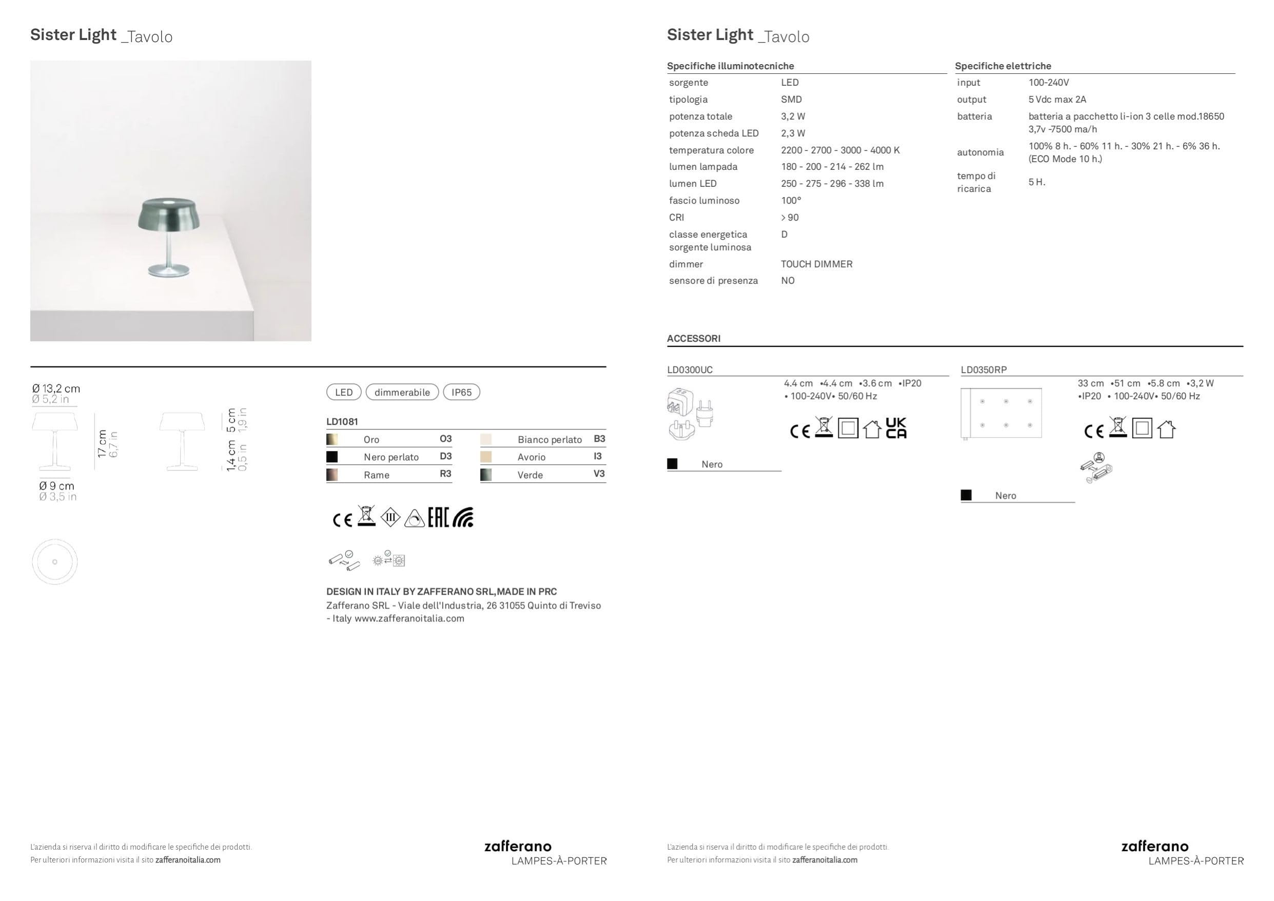 Zafferano, Lampada Sister Light Wi-Fi Mini, Lampada da Tavolo Ricaricabile e Senza Fili con Controllo da Remoto, per Salotto ed Esterni, Dimmer a Step, 2200-4000 K, Altezza 17 cm, Colore Verde