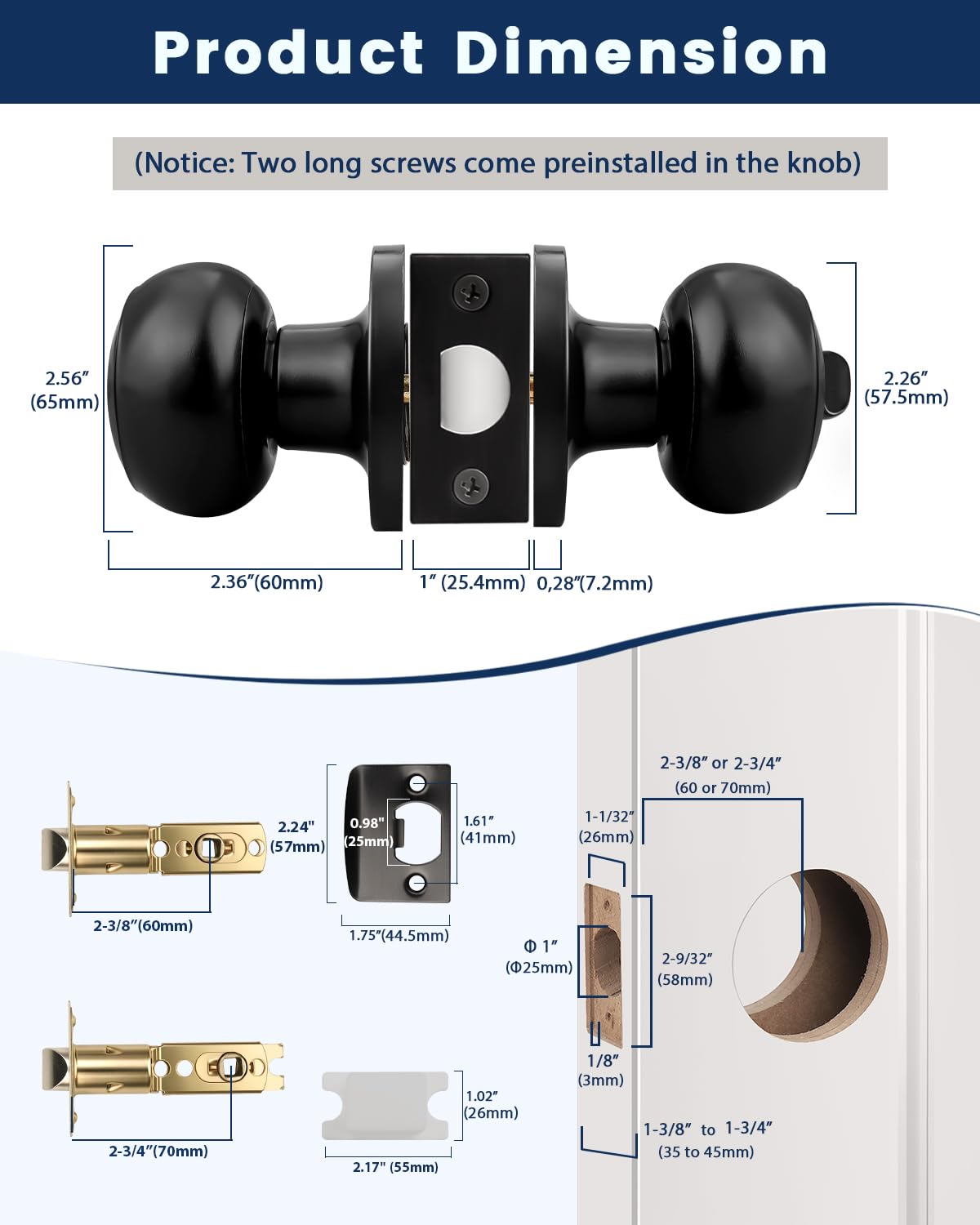 Matte Black Door Knobs - Keyless Privacy Locks -2