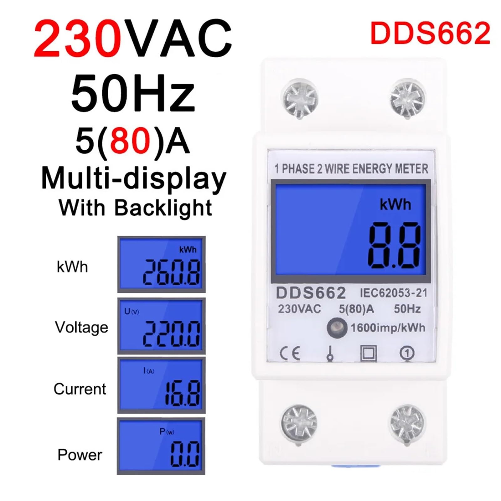 Licznik energii elektrycznej 2P jednofazowy cyfrowy wyświetlacz LCD montaż na szynie DIN 2-przewodowy licznik watomierz moc kWh AC230V 60Hz (662-80A-Light-M)