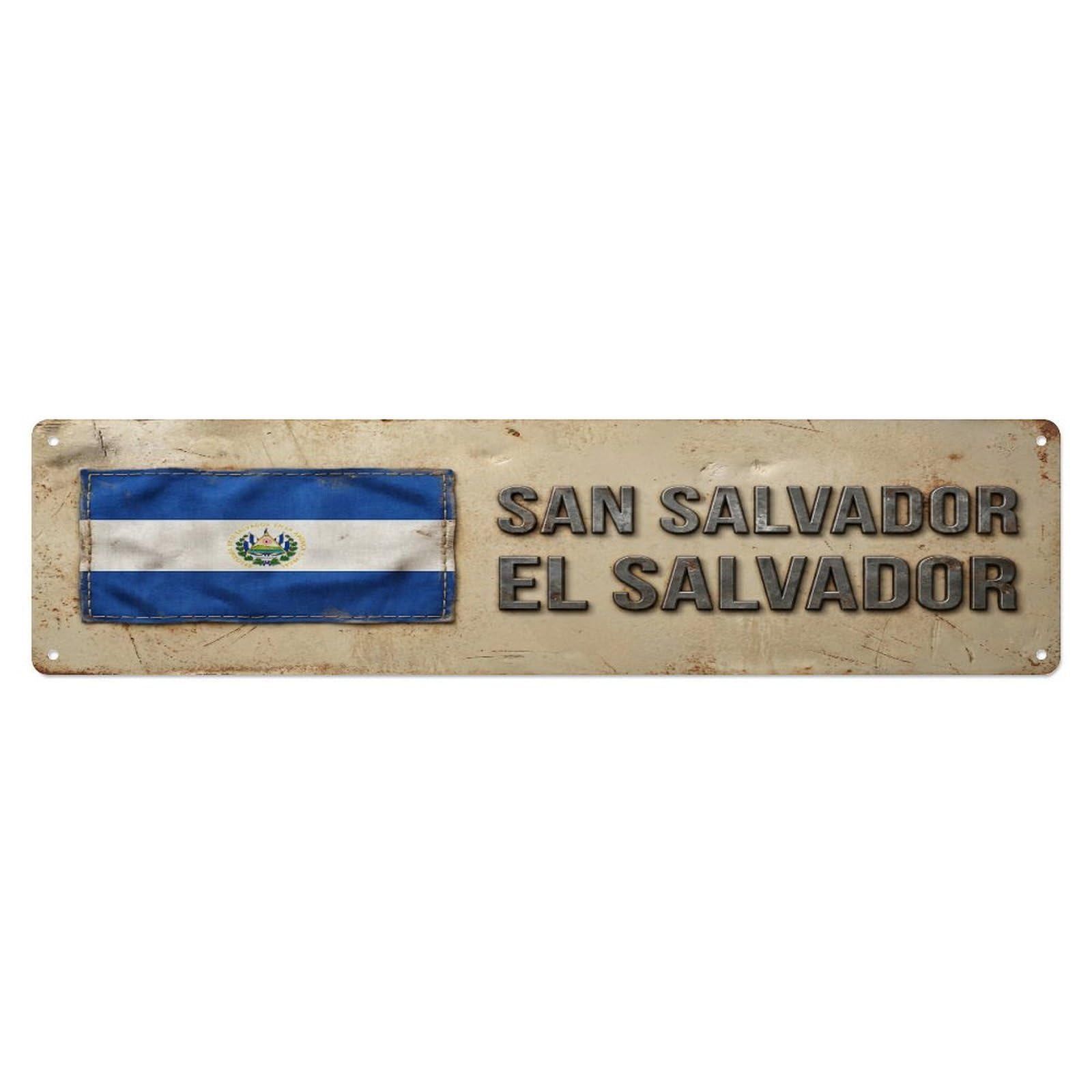 Okahys 4X16inch(10X40cm) Vintage San Salvador El Salvador Flag Decor Rustic Travel Metal Tin Sign