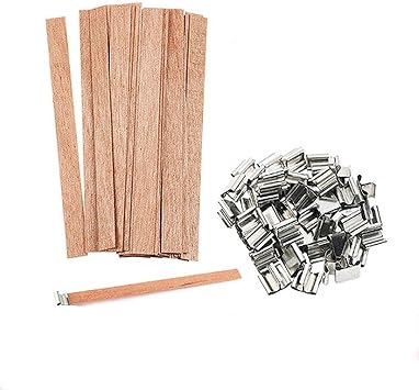 50 Pack Natural Wood Candle Wicks with Metal Sustainers - 5 Inch Crackling Wooden Wicks for DIY Candle Making, Candle Making Supplies Kit with Holders