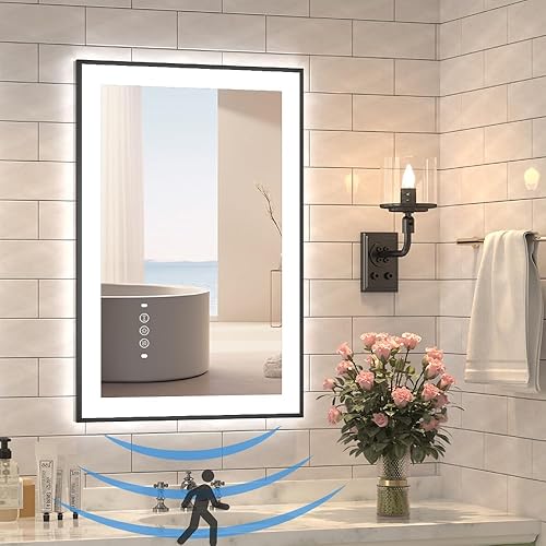 Miniatura 12 de Espejo negro de 48 x 32 pulgadas para baño con luces, espejos LED de tocador de baño, montaje en pared con luz frontal y trasera incorporada