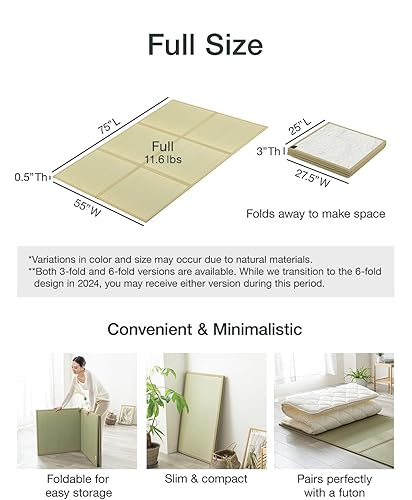 Miniatura 2 de FULI Colchón de tatami japonés, tapete Igusa (hierba 100% japonesa Rush) se pliega en tres, fabricado en Japón (natural, matrimonial)