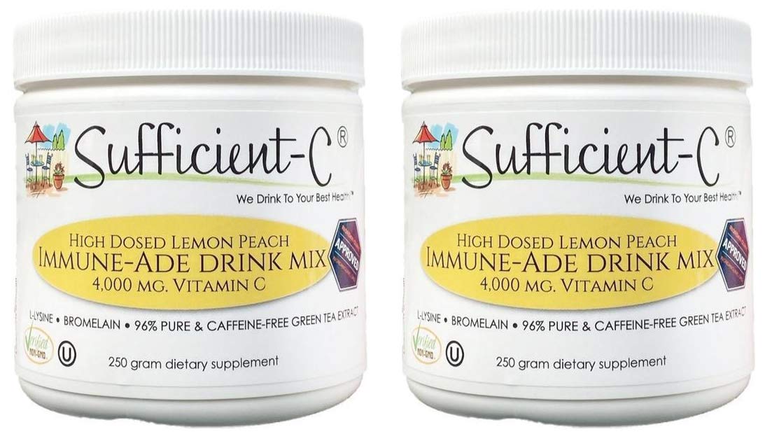Sufficient-CHigh Dose Non-GMO Vitamin C - Lemon Peach Immune-Ade Drink Mix 250 Grams - Healthy Hydration Like Never Before (2 Pack)