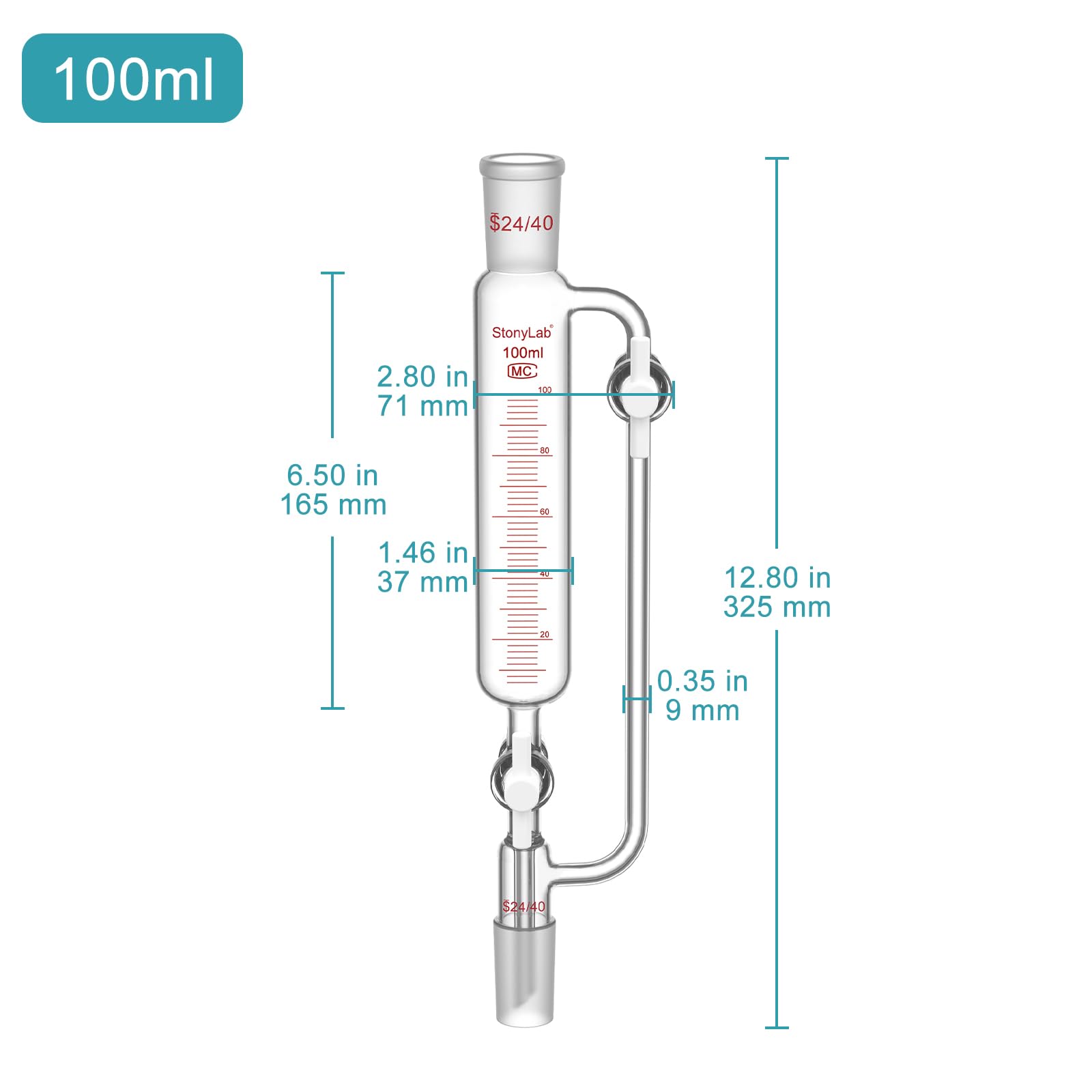 stonylab Druckausgleichs-Zugabetrichter, 24/40 Schliff, Graduierter Tropftrichter aus Borosilikatglas mit 2 PTFE-Hähnen, für Kontrollierte Zugabe im Labor, 100 ml