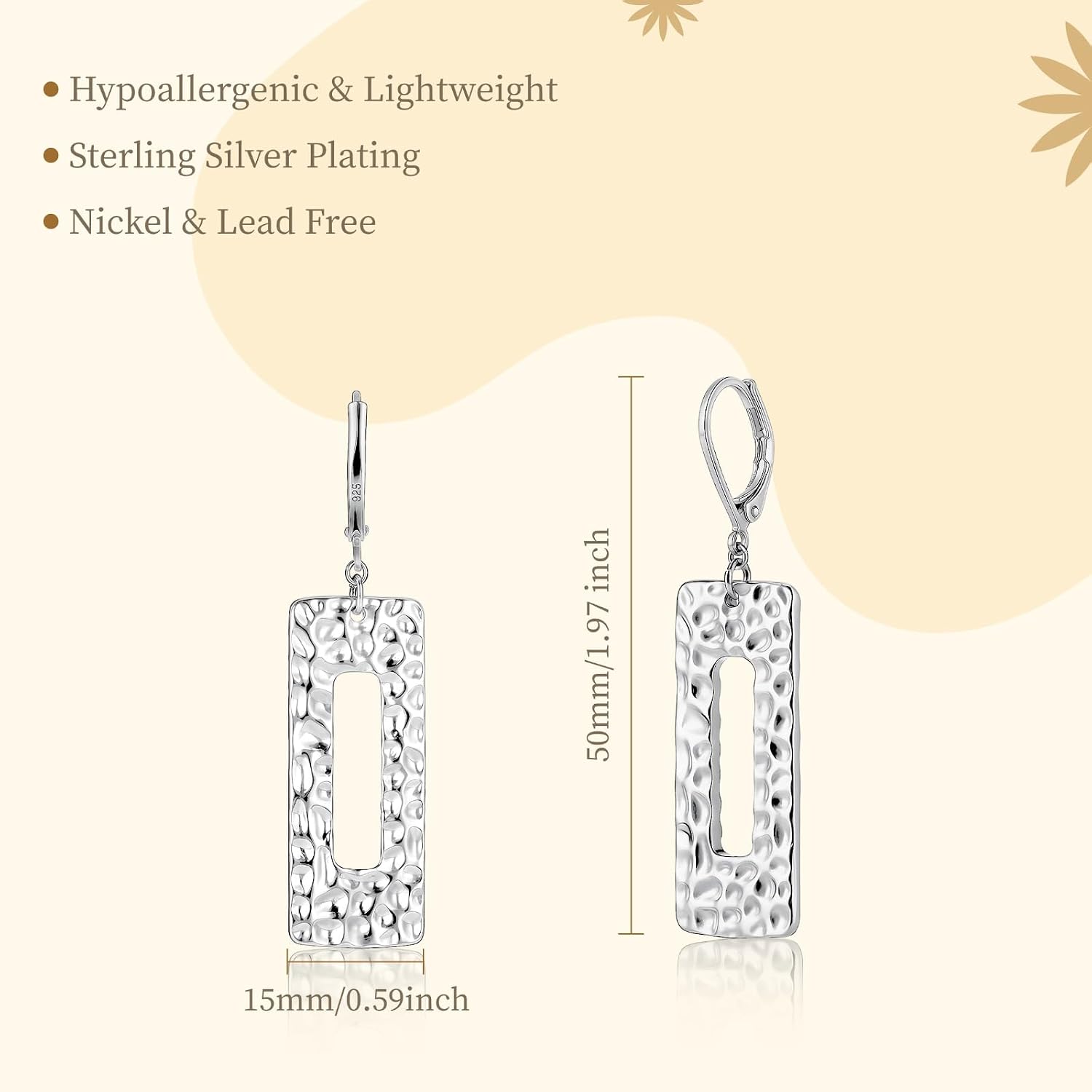 925 Sterling Silver Posts Dangle Earrings for Women, Geometric Drop Earring Hypoallergenic Lightweight, Hammer Rectangle Bar Long Statement Leverback Earing for Women Trendy Jewelry Gifts