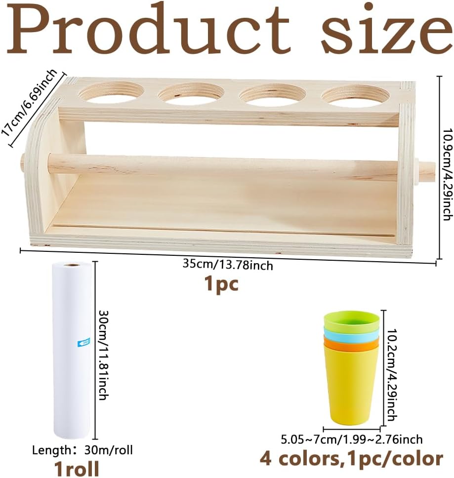 DICOSMETIC Wood Paper Roll Dispenser Including 4Pcs 4 Colors Plastic Pen Cup and 1Roll 11.8in x 98.4ft Paper Rolls Craft Paper Roll Holder Desktop Easel for Drawing Writing Doodle Art