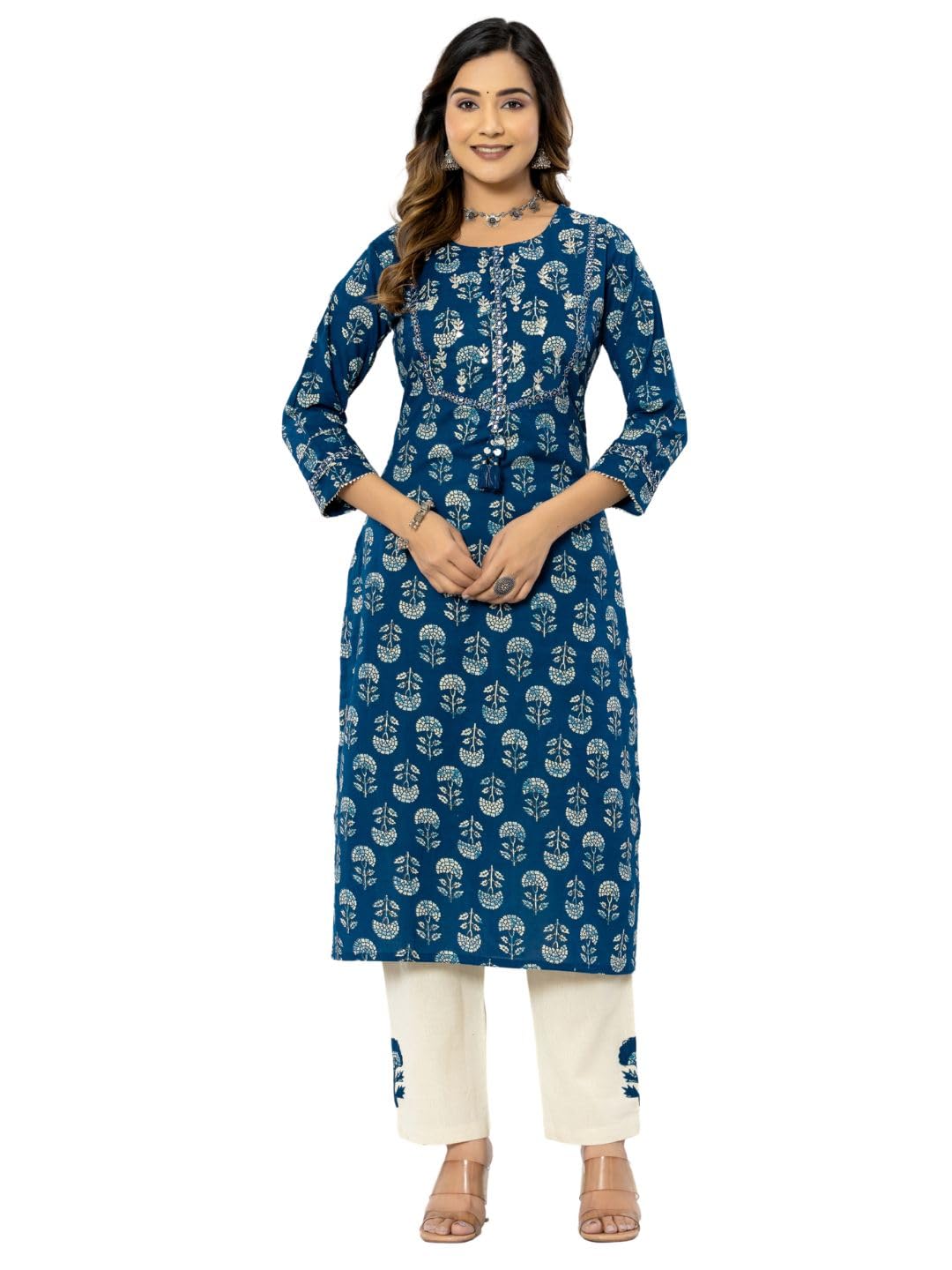 rytrasWomen's Cotton Printed Straight Kurta with Palazzos Pant