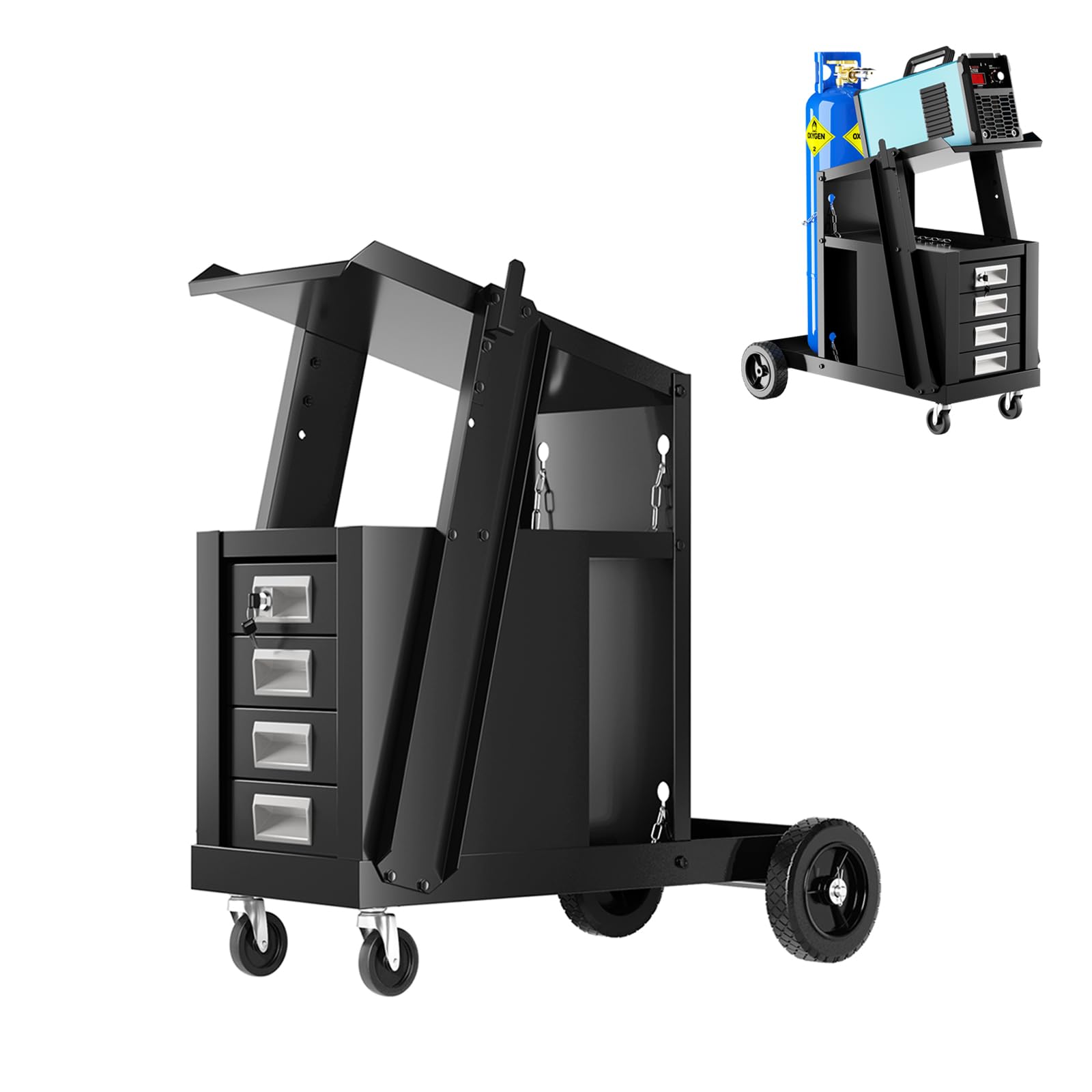 GYMAX Carro de Soldadura Rodante con 4 Cajones, Carga 45 kg, Carro de Herramientas con Almacenamiento y Cadena de Seguridad, para Soldadores y Cortadores de Plasma para Garaje, Taller