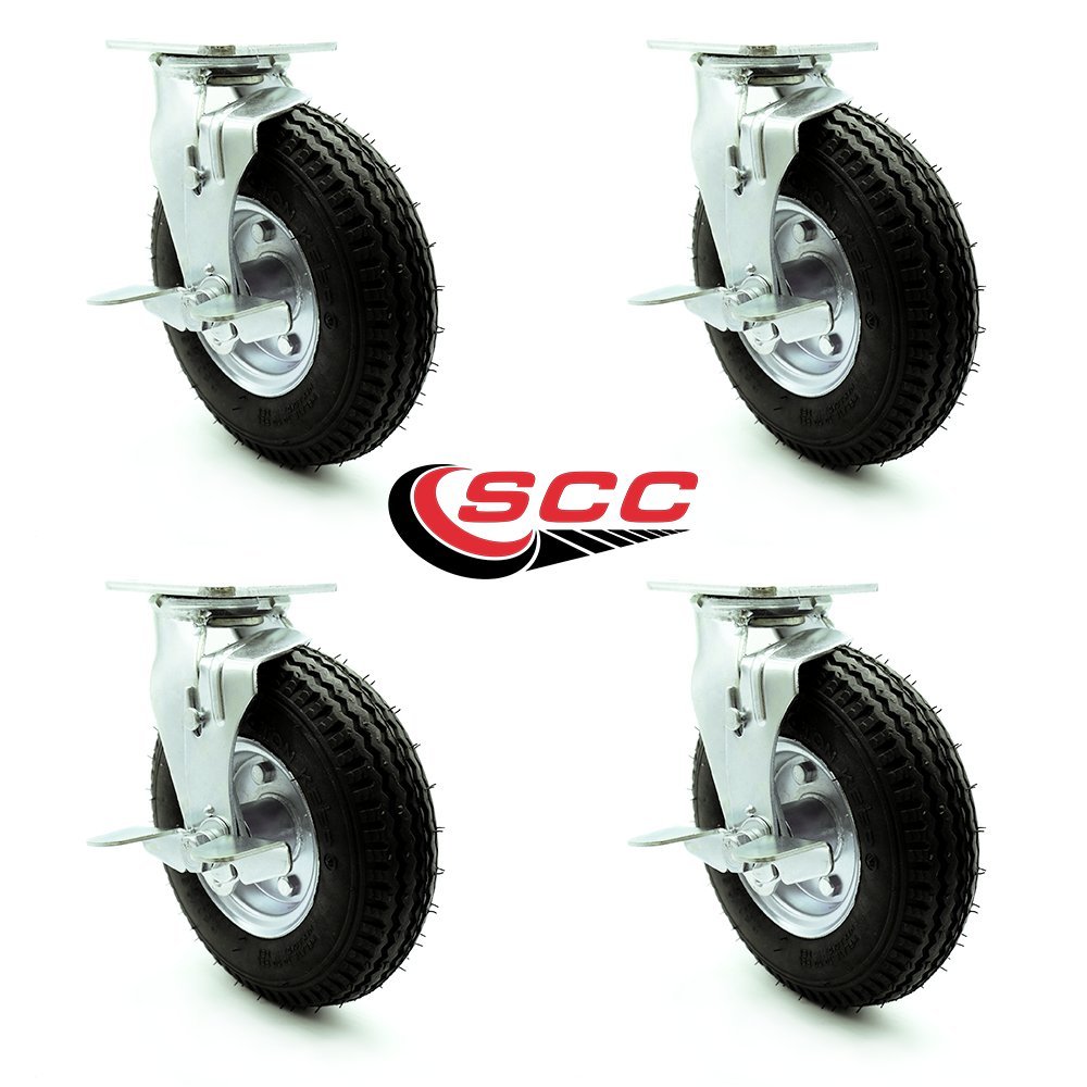 8 Inch Swivel Pneumatic Casters Set of 4 - Black Rubber Wheels - Includes 4 Swivel with Top Lock Brakes - Heavy Duty Casters - 1,200 lbs. Total Capacity - Service Caster Brand