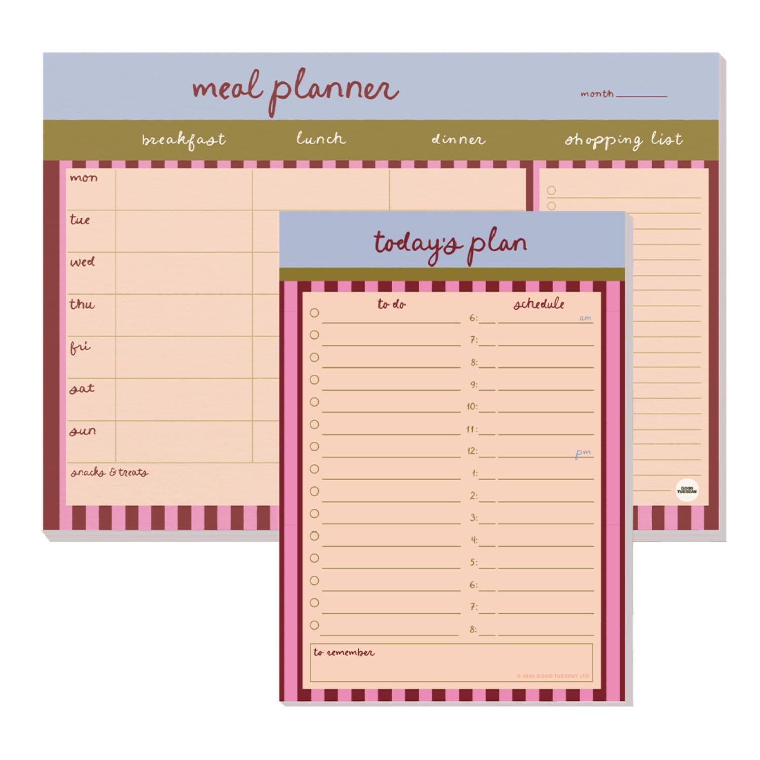Good Tuesday - Berry Stripe Daily Planner and Meal Planner Pad Set, A5 14.8 x 21 cm Daily Planner and A4 29.7 x 21 cm Meal Planner, 100gsm Recycled Paper, Recyclable, Made in the UK