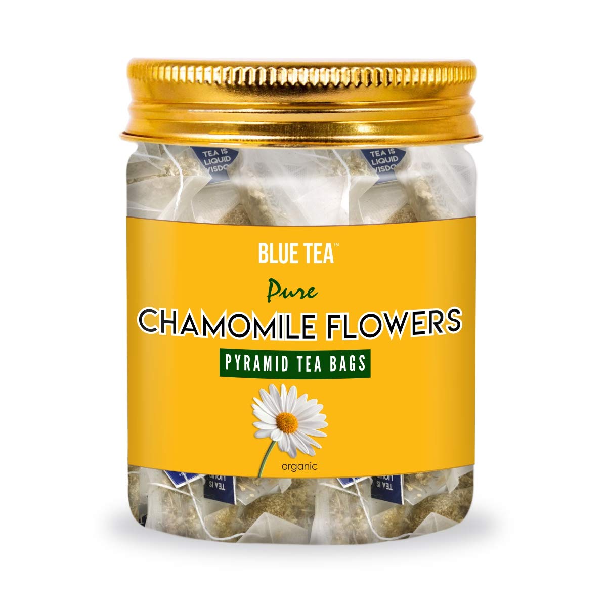 BLUE TEA - Whole Pure Chamomile Flower - 30 Pyramid Tea Bags | Herbal Tea | Non-GMO and Gluten Free | Origin - India |