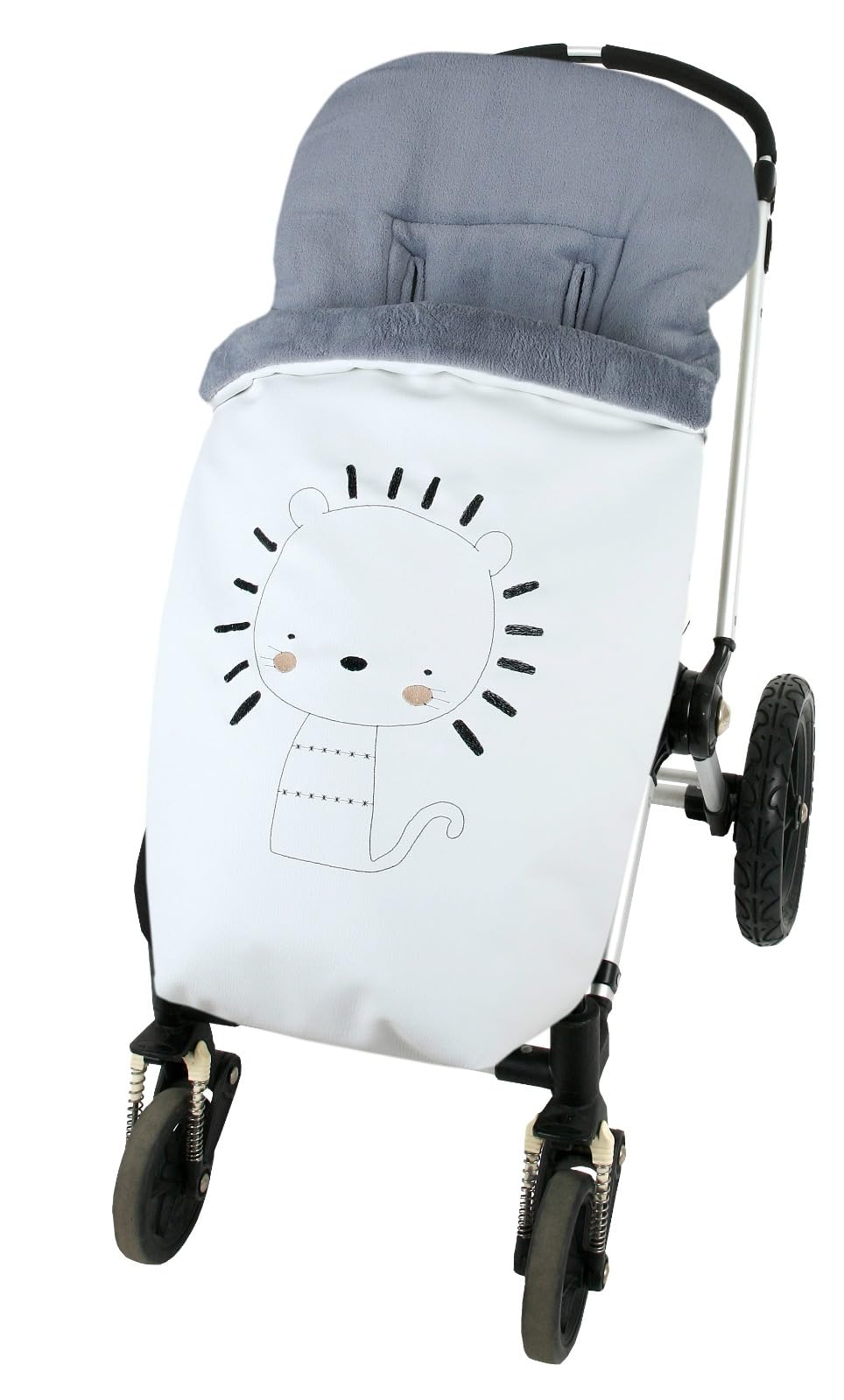 Saco Silla Universal CITYBEBE de Polipiel Blanca con bordado de León, Interior en Tejido Polar, con cremalleras laterales.