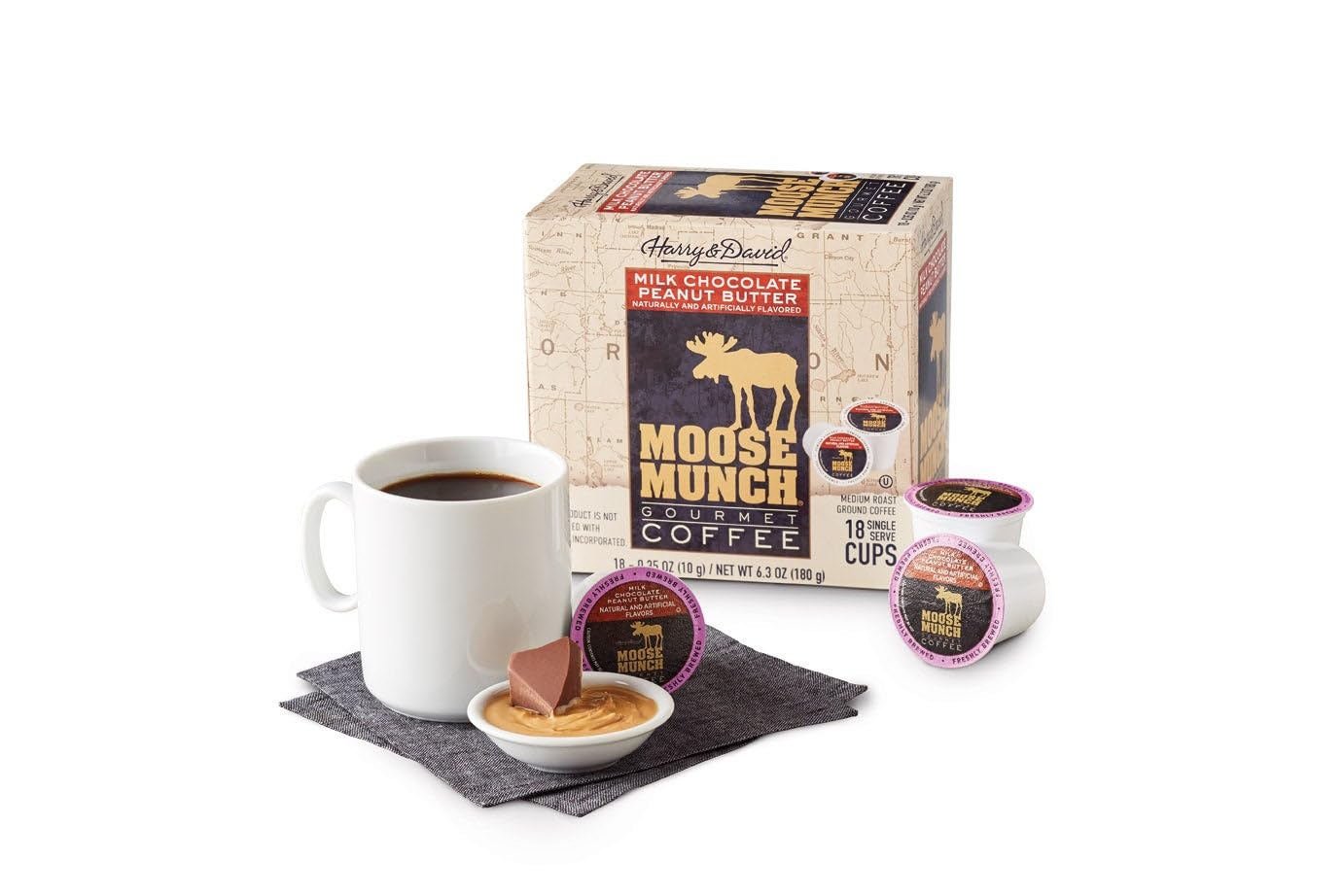 Moose Munch Milk Chocolate Peanut Butter Single-Serve Coffee by Harry & David (18 cups) Medium Roast