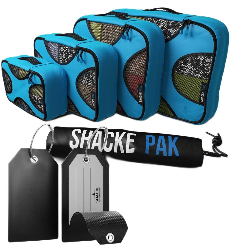 Shacke Pak - 5 Set Packing Cubes with Laundry Bag (Aqua Teal) & Luggage Tags with Full Back Privacy Cover & Steel Loops - Set of 2 (Black)