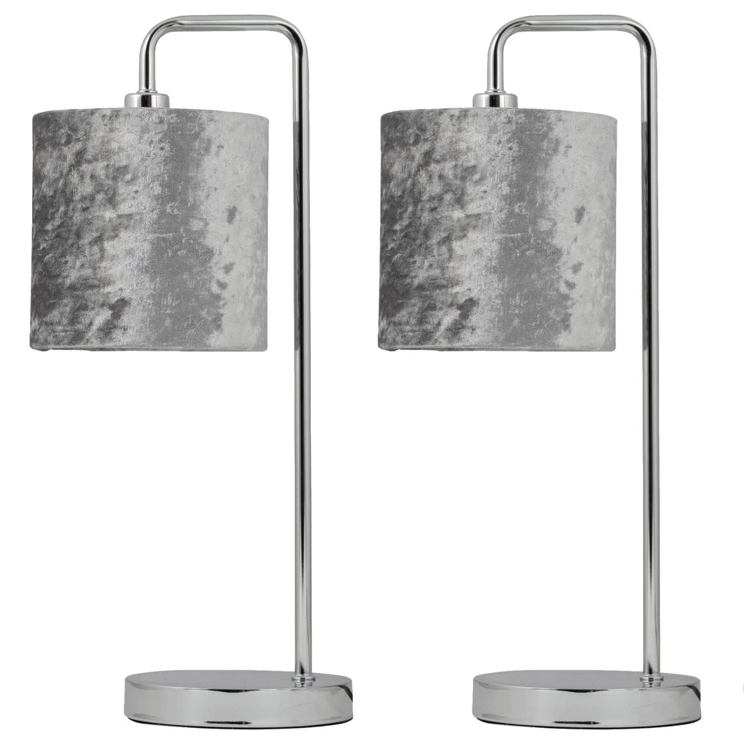 Firstchoicelighting Chrome & Grey Set Of 2 Polished Chrome Table Lamps Or Bedside Lights, Modern Arched Design, Grey Crushed Velvet Shade, Height 45Cm, Led Compatible