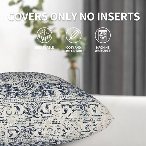 Miniatura 5 de Fundas de Almohada Boho 16x16 Juego de 2, Patrón de Alfombra Blanco Azul Marino Almohadas Decorativas para Exteriores Fundas de Cojín de Lino Étnico