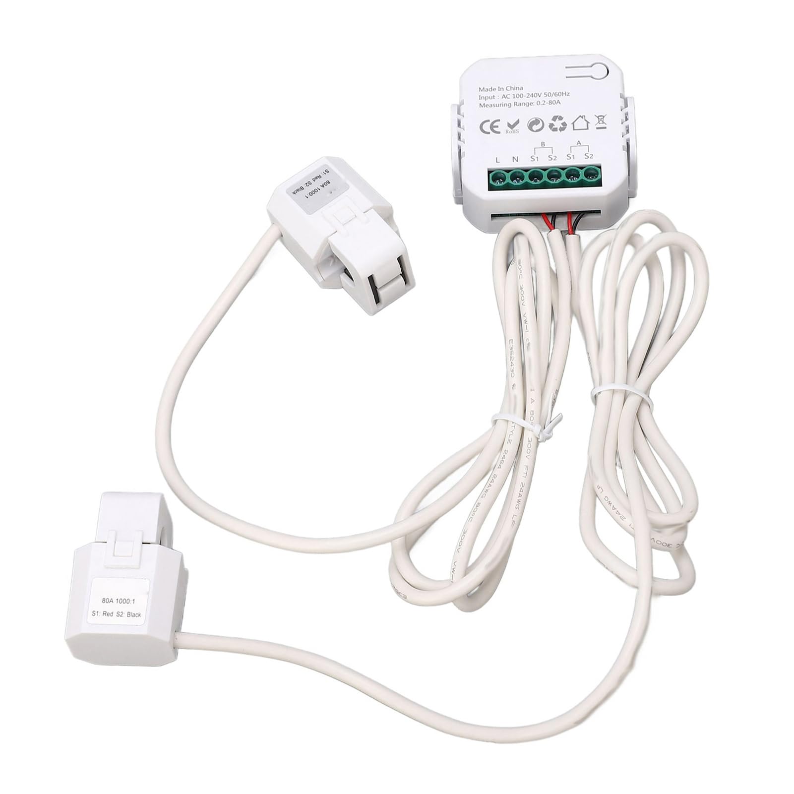 Single Phase Energy Meter, High Accuracy Overload 0.2A-80A Measurement Range 2.4GHz 100?240V AC Electricity Monitor for Circuit (White)