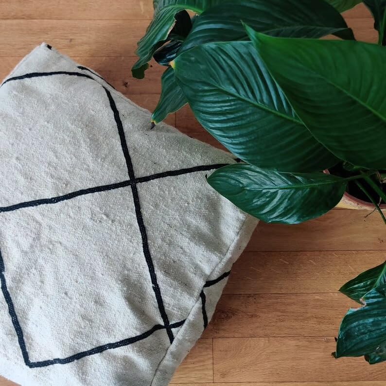 Modern Floor Cushion, White with Black Geometric Lines, Square Floor Pillow with Zipper