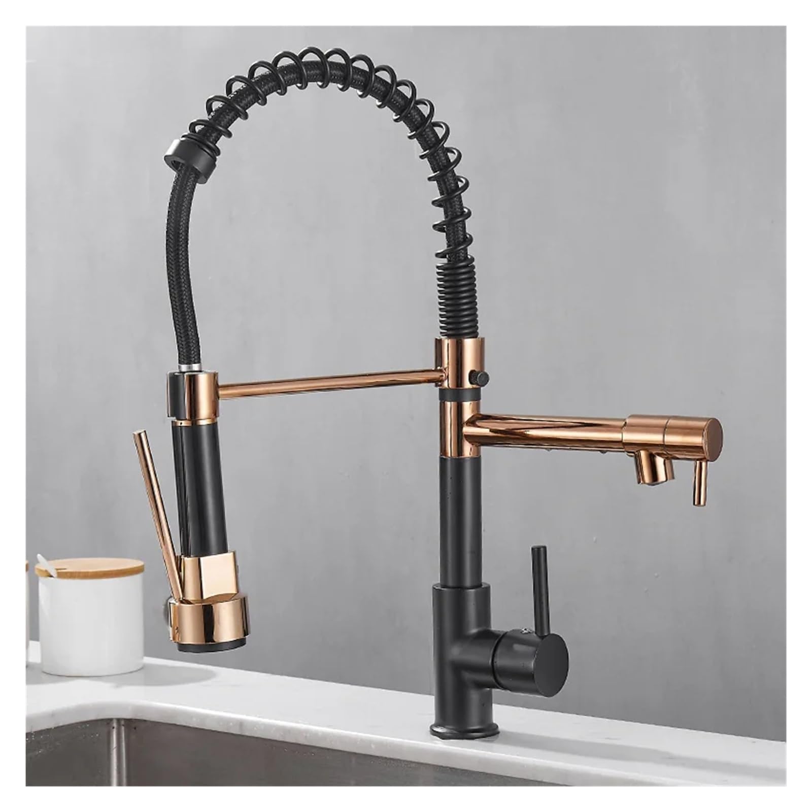 FCXWEVR Modern Black & Rose Gold Kitchen Faucet - Dual Spout Pull Down Tap Hot & Cold Water Mixer Stylish & Sink Fixture for Kitchen Upgrade