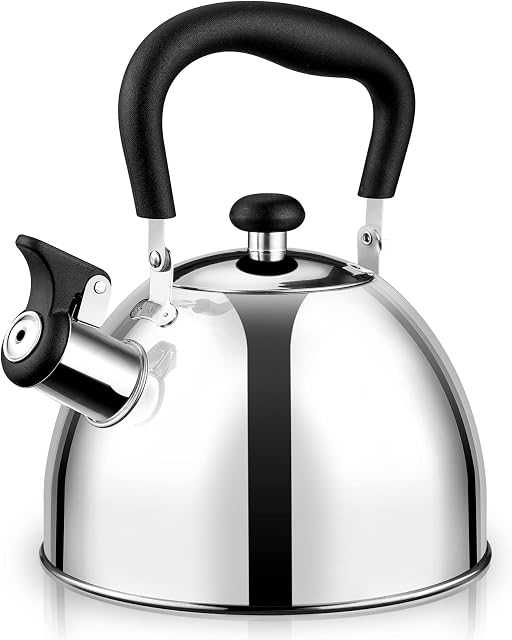Tea Kettle for Stove Top - HIHUOS 2.2QT Whistling Teapot for Stovetop with Universal Base - Food Grade Stainless Steel Tea Pots for Stove Top - Mirror Sleek Teakettle with Cool Grip Bakelite Handle