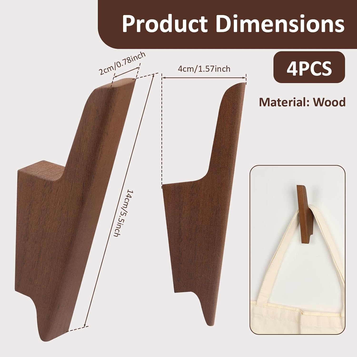 4 Pcs Walnut Wooden Hooks, Wall Mount Wooden Hook for Hanging Hat Coat Bag Backpack Wall Wood Towel Hanger for Bathroom and Entryway